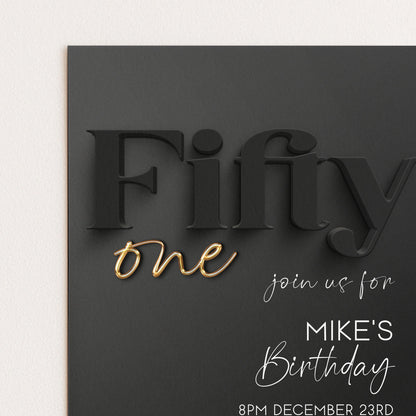 Editable 51st Birthday Invitation Black and Gold, Modern Fifty One Invite, Corjl Template, Elegant Birthday Party Invitation BG78