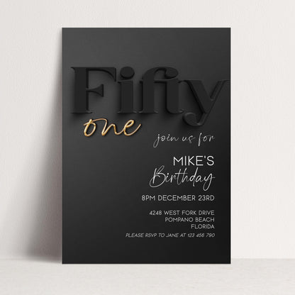 Editable 51st Birthday Invitation Black and Gold, Modern Fifty One Invite, Corjl Template, Elegant Birthday Party Invitation BG78
