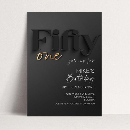 Editable 51st Birthday Invitation Black and Gold, Modern Fifty One Invite, Corjl Template, Elegant Birthday Party Invitation BG78