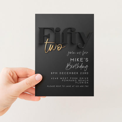Editable 52nd Birthday Invitation Black and Gold, Modern Fifty Two Invite, Corjl Template, Elegant Birthday Party Invitation BG78