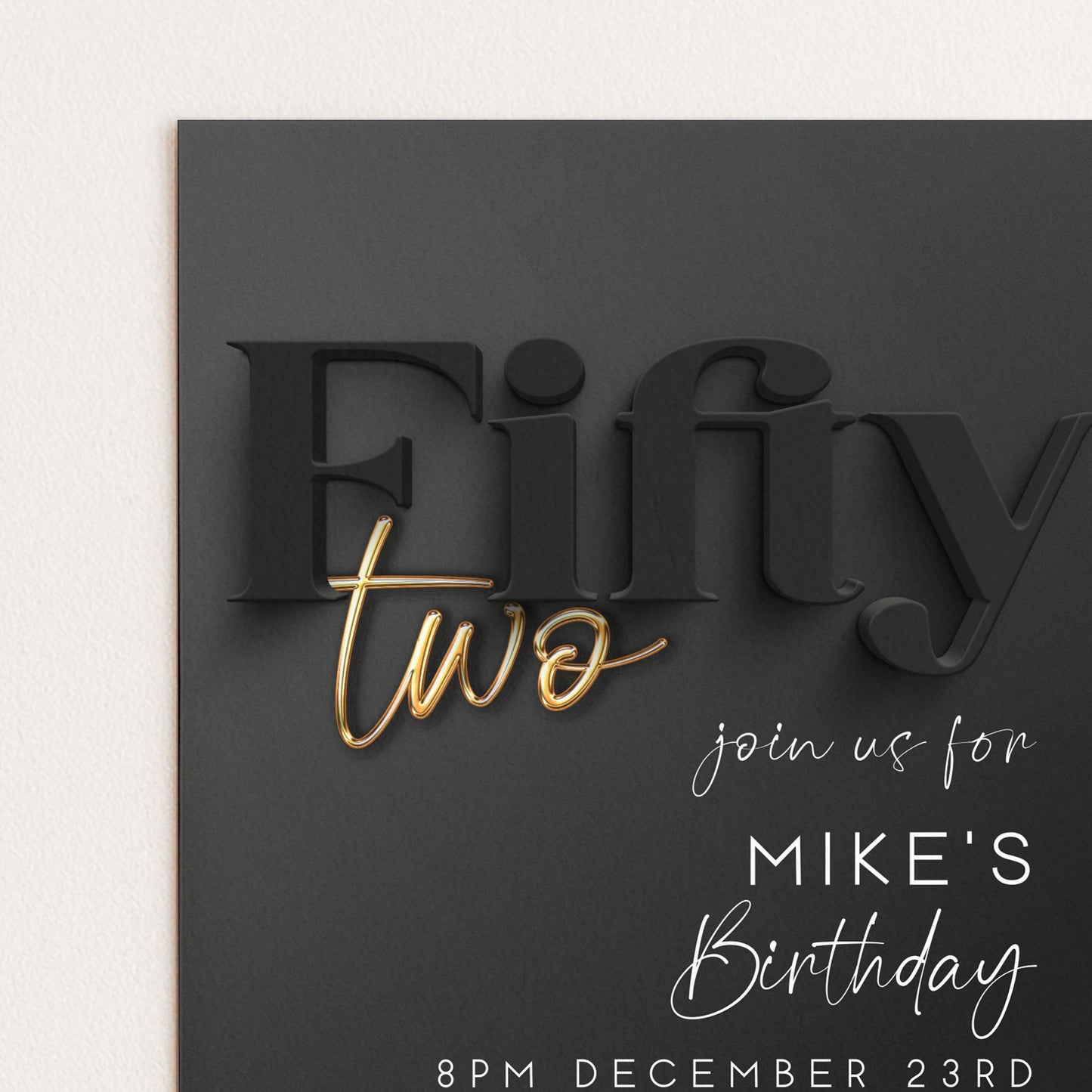 Editable 52nd Birthday Invitation Black and Gold, Modern Fifty Two Invite, Corjl Template, Elegant Birthday Party Invitation BG78