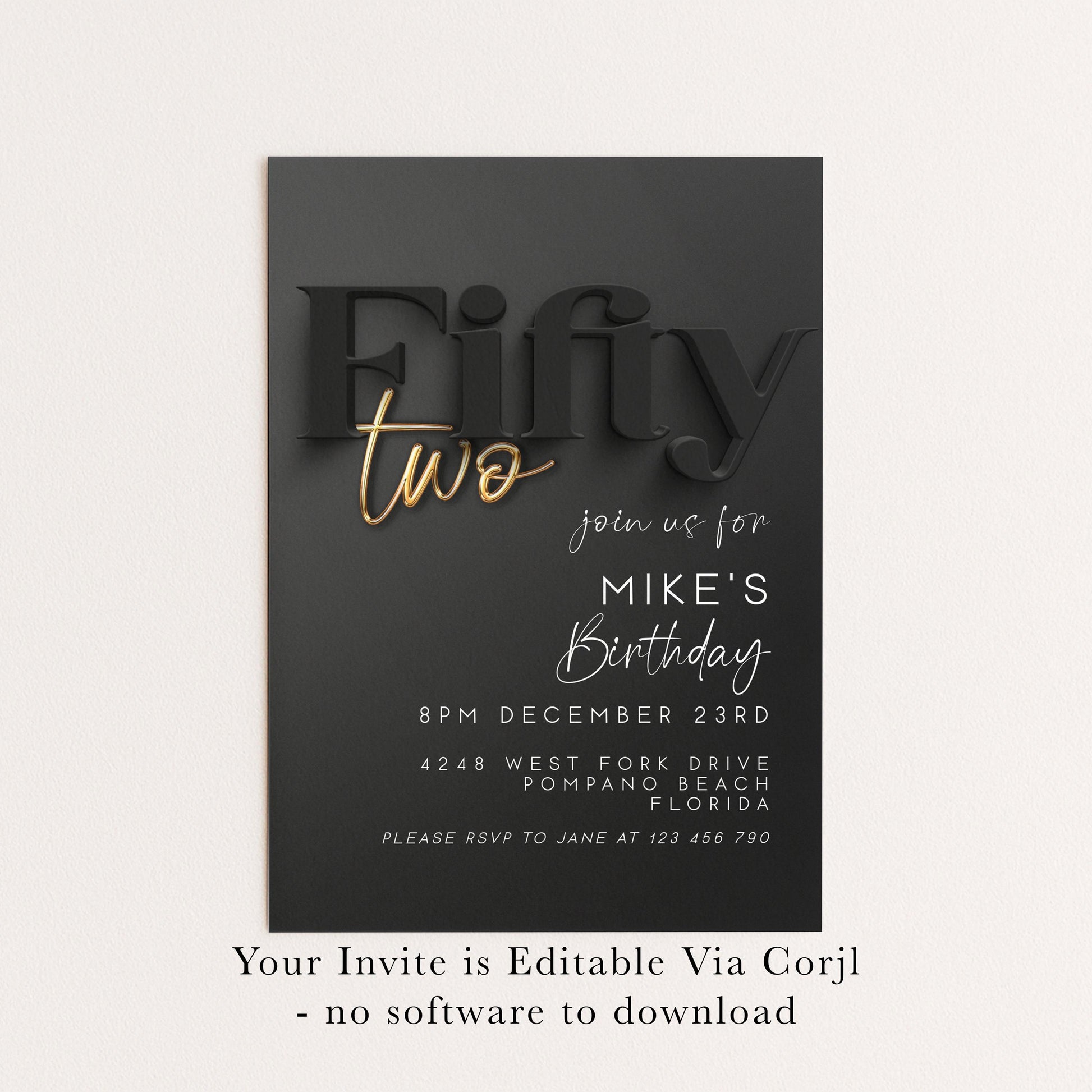 Editable 52nd Birthday Invitation Black and Gold, Modern Fifty Two Invite, Corjl Template, Elegant Birthday Party Invitation BG78