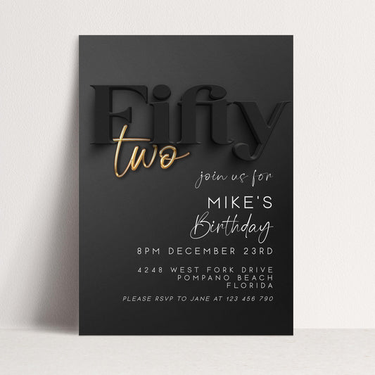 Editable 52nd Birthday Invitation Black and Gold, Modern Fifty Two Invite, Corjl Template, Elegant Birthday Party Invitation BG78