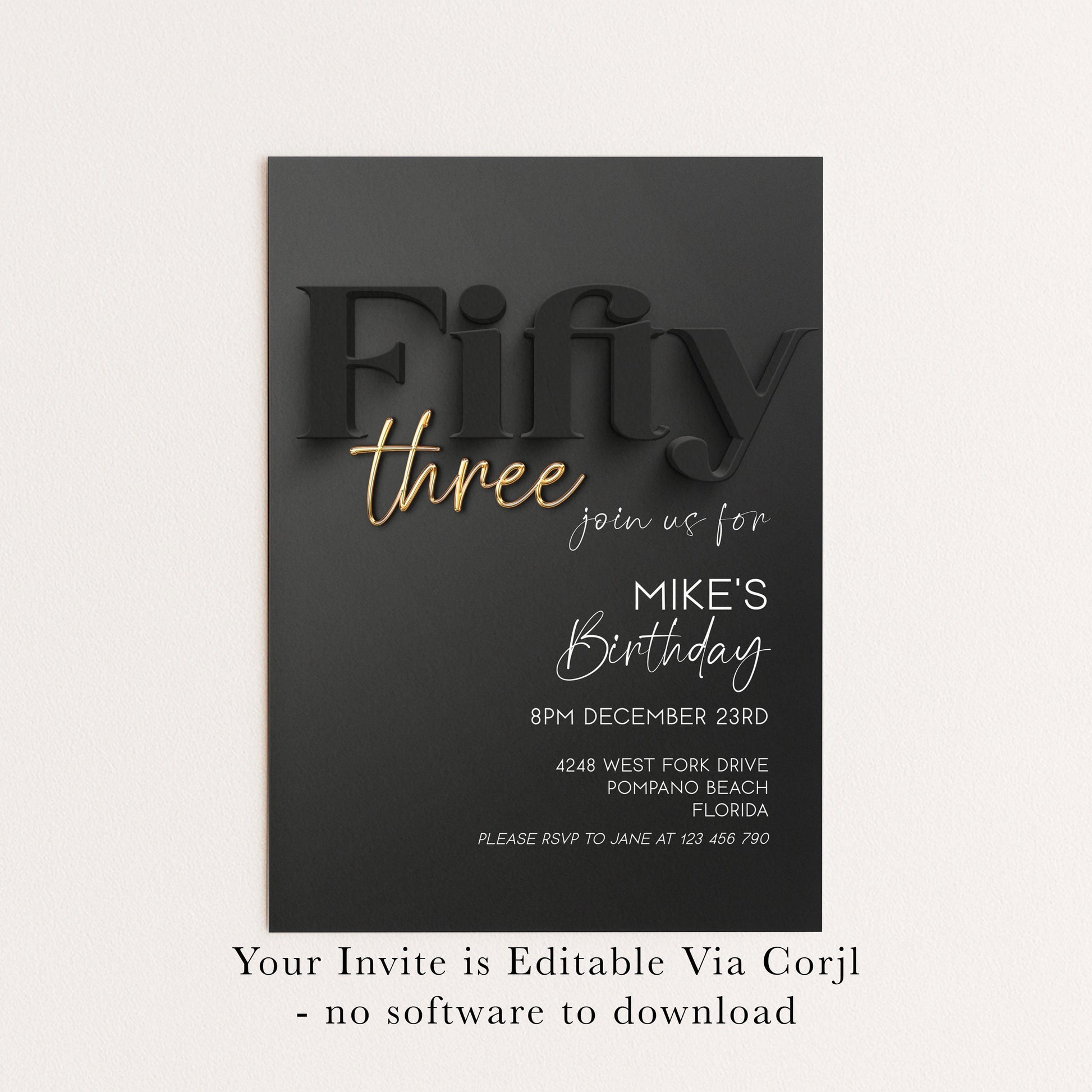Editable 53rd Birthday Invitation Black and Gold, Modern Fifty Three Invite, Corjl Template, Elegant Birthday Party Invitation BG78