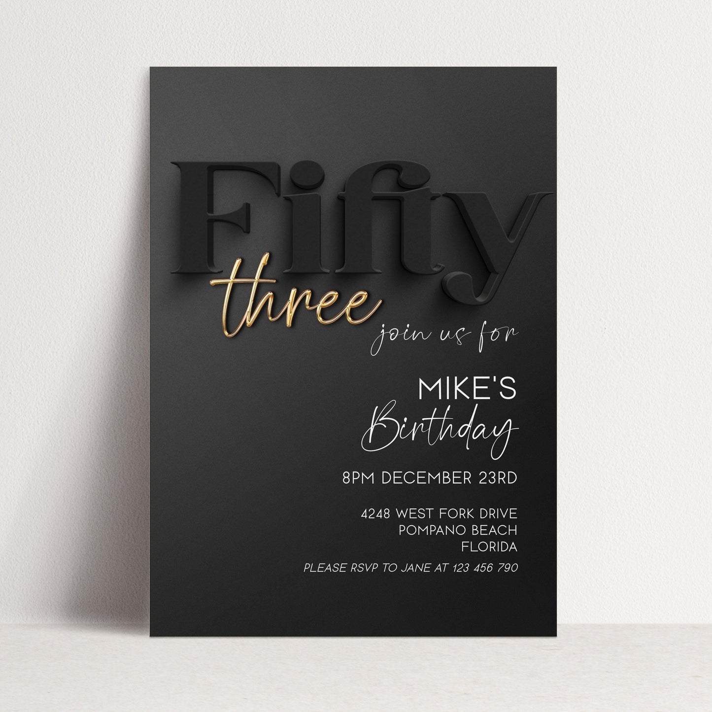 Editable 53rd Birthday Invitation Black and Gold, Modern Fifty Three Invite, Corjl Template, Elegant Birthday Party Invitation BG78