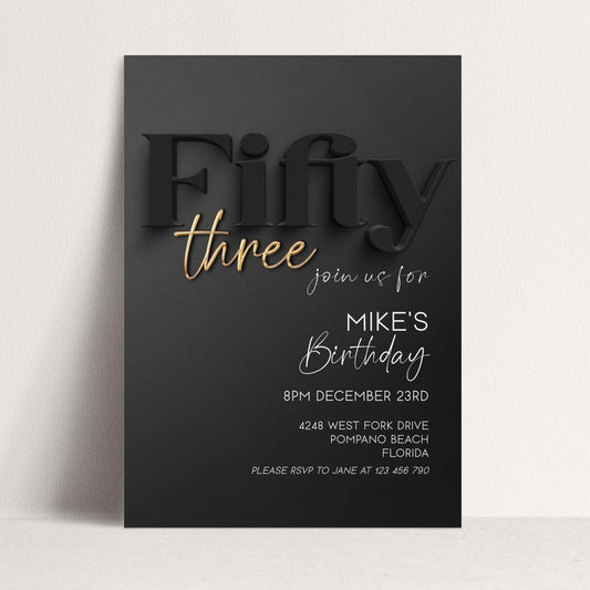 Editable 53rd Birthday Invitation Black and Gold, Modern Fifty Three Invite, Corjl Template, Elegant Birthday Party Invitation BG78
