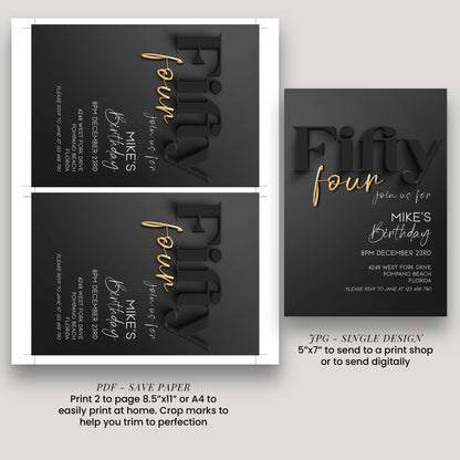 54th Birthday Invitation, Black and Gold Birthday Invite, Editable Template, Fifty Four Birthday Party, Adult Birthday Printable, Corjl BG78
