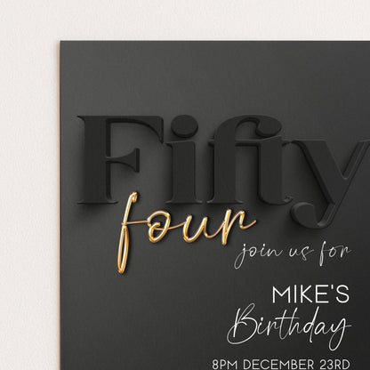 54th Birthday Invitation, Black and Gold Birthday Invite, Editable Template, Fifty Four Birthday Party, Adult Birthday Printable, Corjl BG78