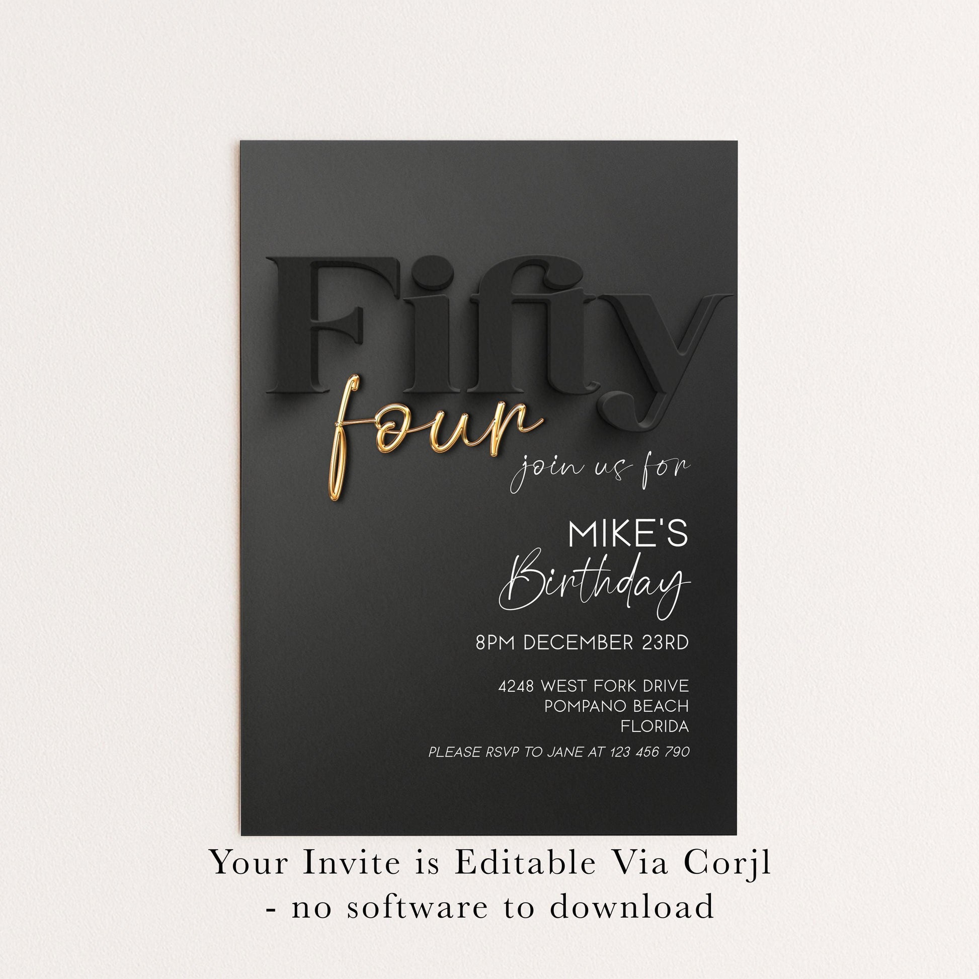 54th Birthday Invitation, Black and Gold Birthday Invite, Editable Template, Fifty Four Birthday Party, Adult Birthday Printable, Corjl BG78