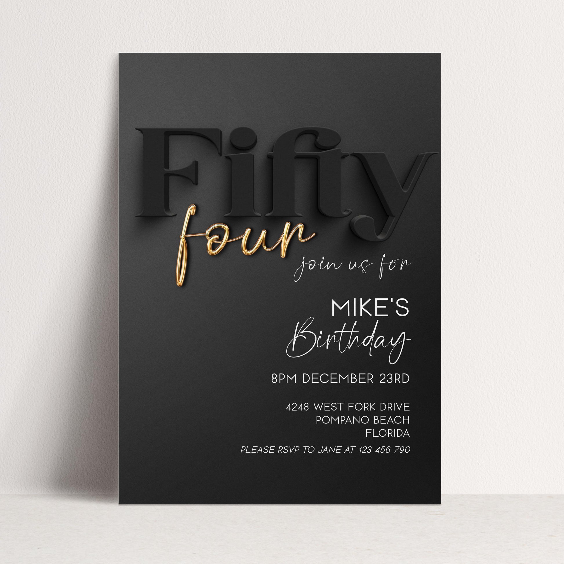 54th Birthday Invitation, Black and Gold Birthday Invite, Editable Template, Fifty Four Birthday Party, Adult Birthday Printable, Corjl BG78