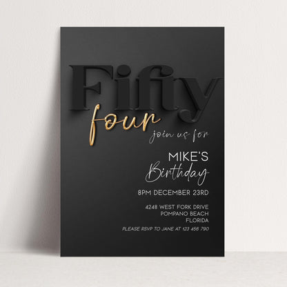 54th Birthday Invitation, Black and Gold Birthday Invite, Editable Template, Fifty Four Birthday Party, Adult Birthday Printable, Corjl BG78