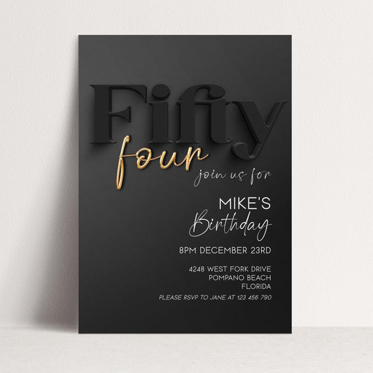 54th Birthday Invitation, Black and Gold Birthday Invite, Editable Template, Fifty Four Birthday Party, Adult Birthday Printable, Corjl BG78