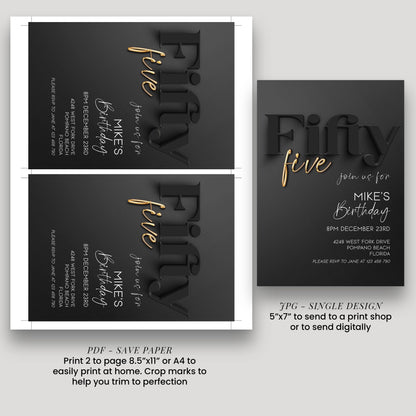 55th Birthday Invitation - Black and Gold Editable Party Invite