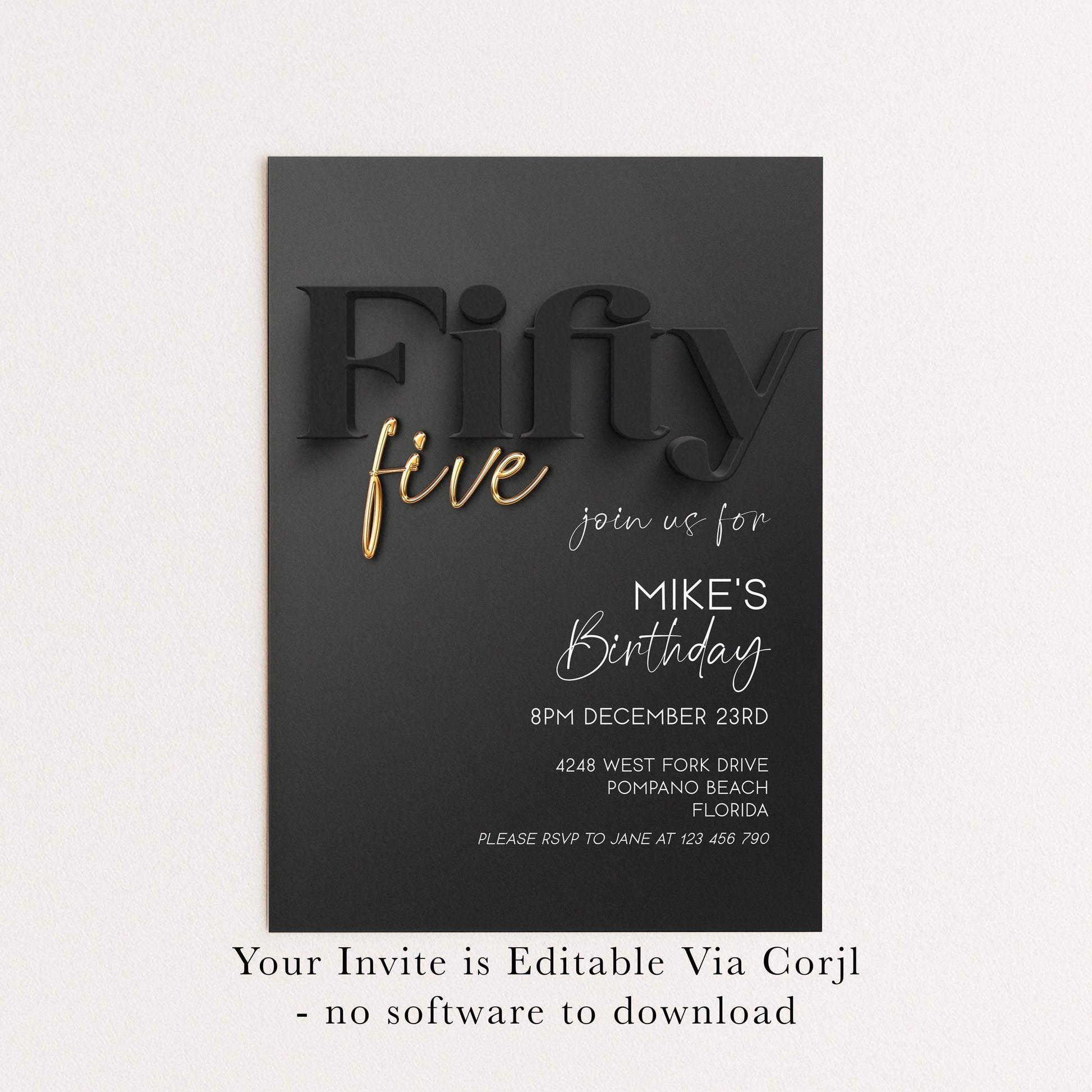 55th Birthday Invitation - Black and Gold Editable Party Invite