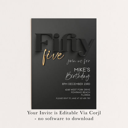 55th Birthday Invitation - Black and Gold Editable Party Invite