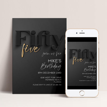 55th Birthday Invitation - Black and Gold Editable Party Invite