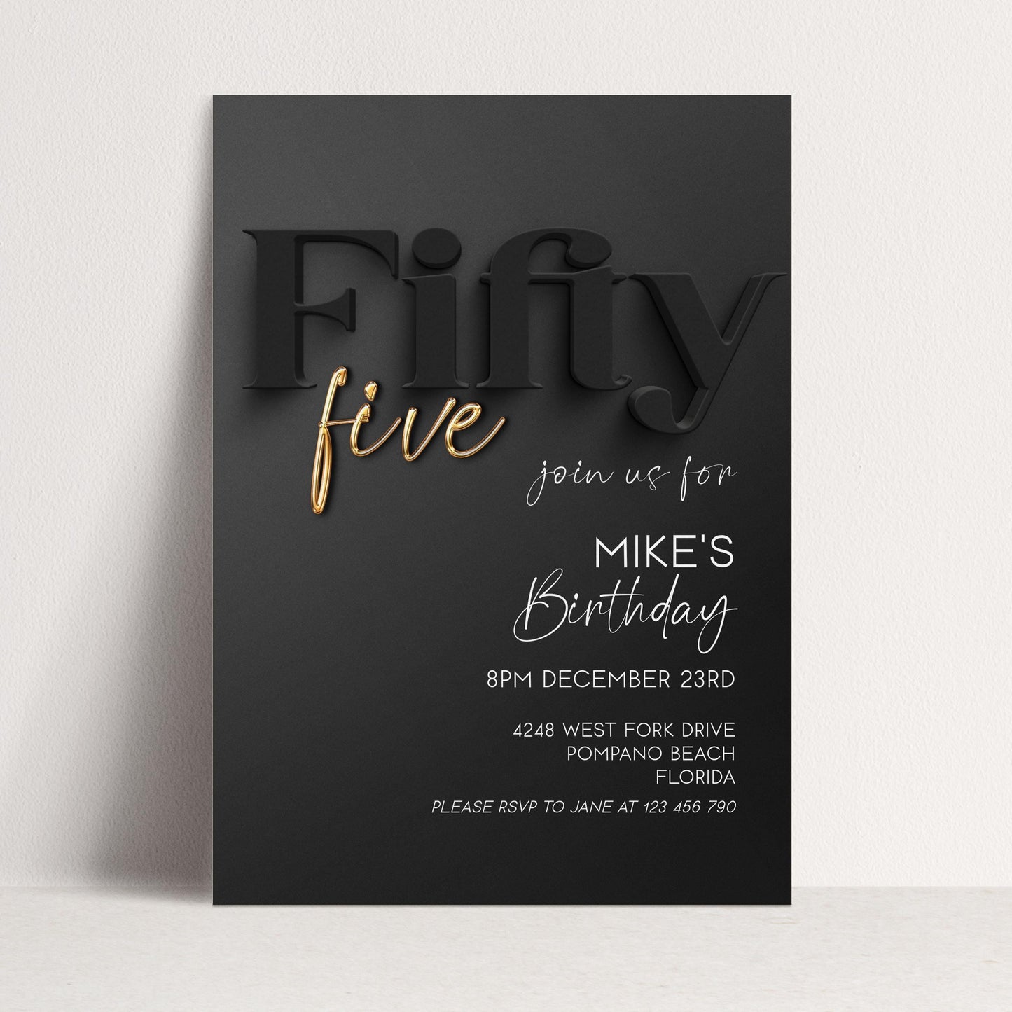 55th Birthday Invitation - Black and Gold Editable Party Invite