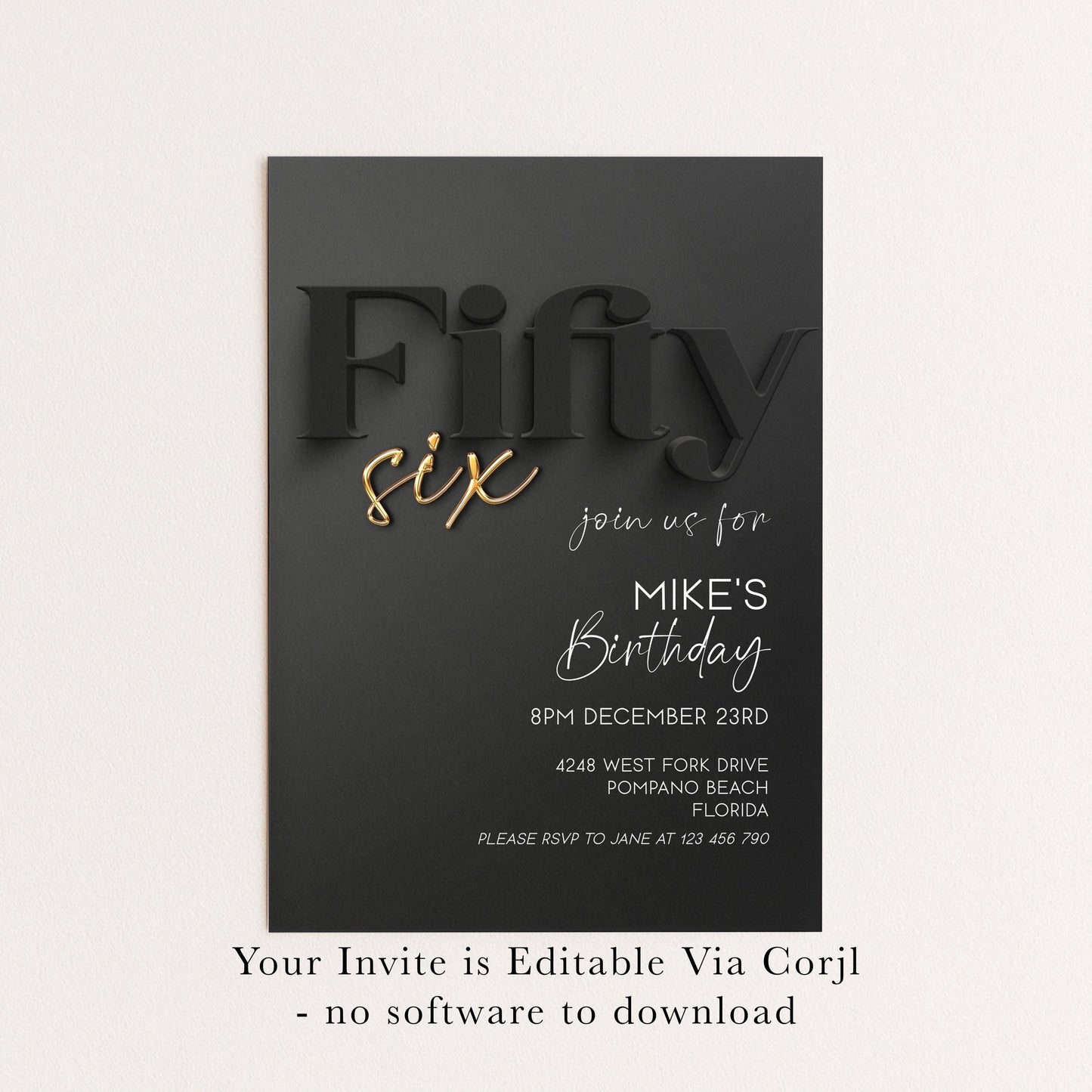 56th Birthday Invitation, Black and Gold Birthday Invite, Editable Corjl Template, Modern Adult Party Invitation, Digital Download BG78