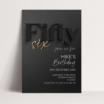56th Birthday Invitation, Black and Gold Birthday Invite, Editable Corjl Template, Modern Adult Party Invitation, Digital Download BG78