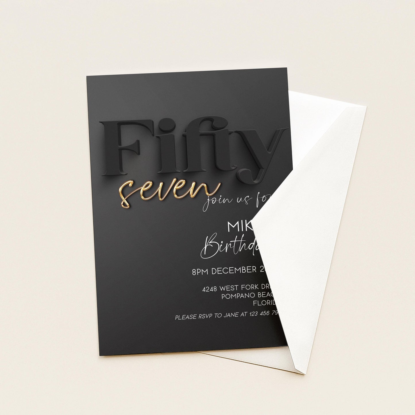 57th Birthday Invitation, Black and Gold Birthday Invite, Editable Corjl Template, Modern Adult Party Invitation, Digital Download BG78