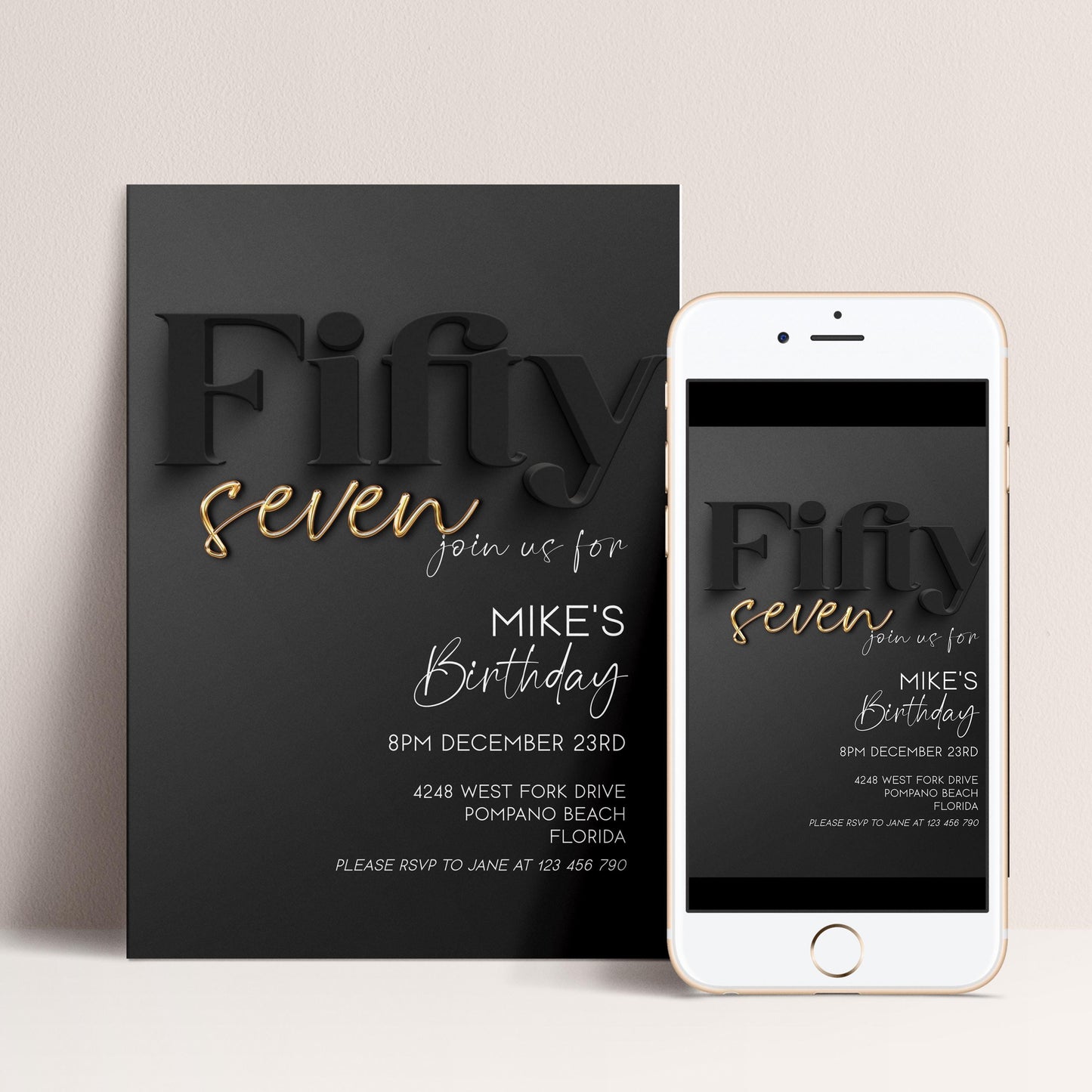 57th Birthday Invitation, Black and Gold Birthday Invite, Editable Corjl Template, Modern Adult Party Invitation, Digital Download BG78