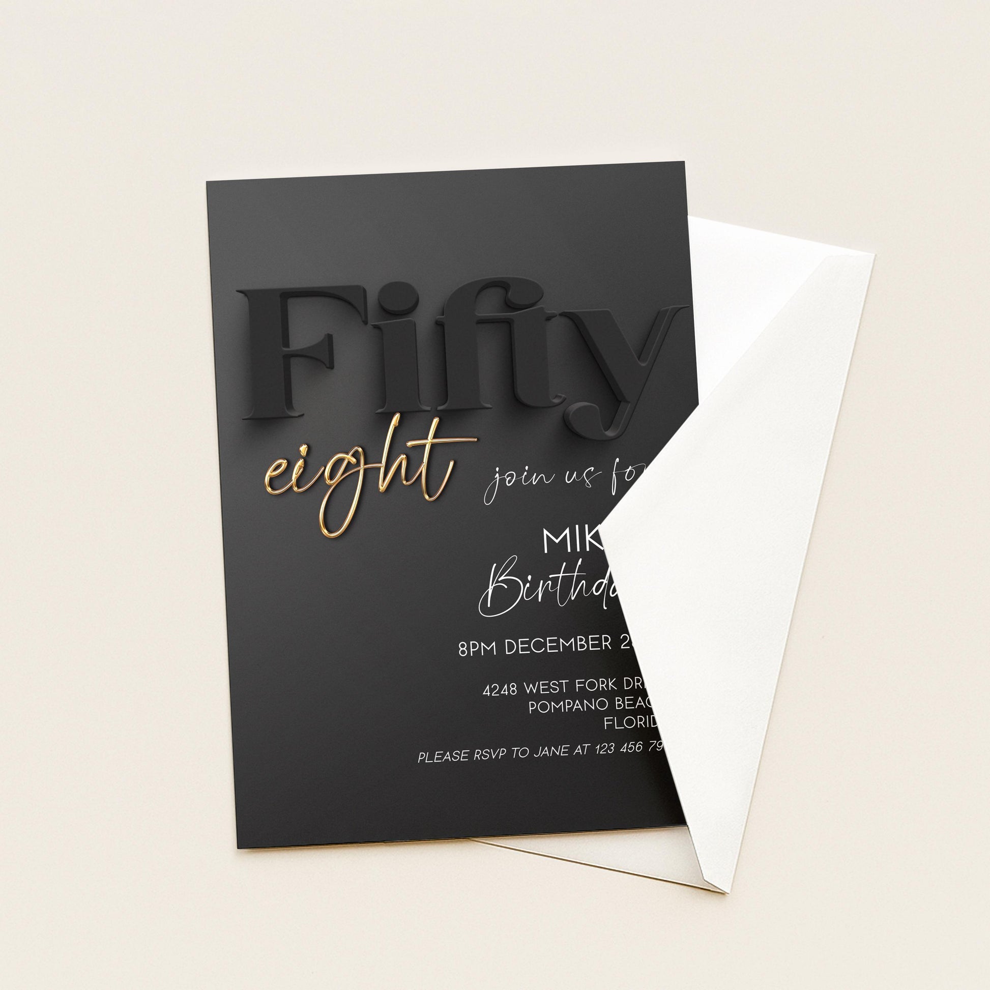 58th Birthday Invitation, Black and Gold Birthday Invite, Editable Corjl Template, Modern Adult Party Invitation, Digital Download BG78