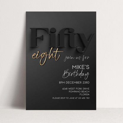 58th Birthday Invitation, Black and Gold Birthday Invite, Editable Corjl Template, Modern Adult Party Invitation, Digital Download BG78