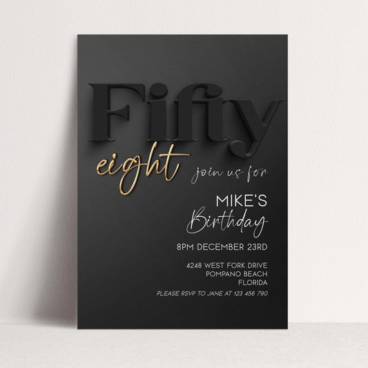 58th Birthday Invitation, Black and Gold Birthday Invite, Editable Corjl Template, Modern Adult Party Invitation, Digital Download BG78