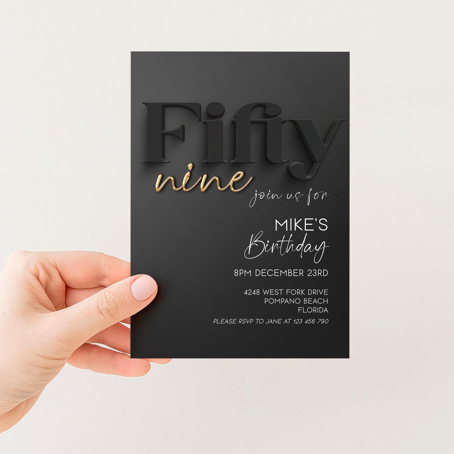 59th Birthday Invitation, Black and Gold Birthday Invite, Editable Corjl Template, Modern Adult Party Invitation, Digital Download BG78