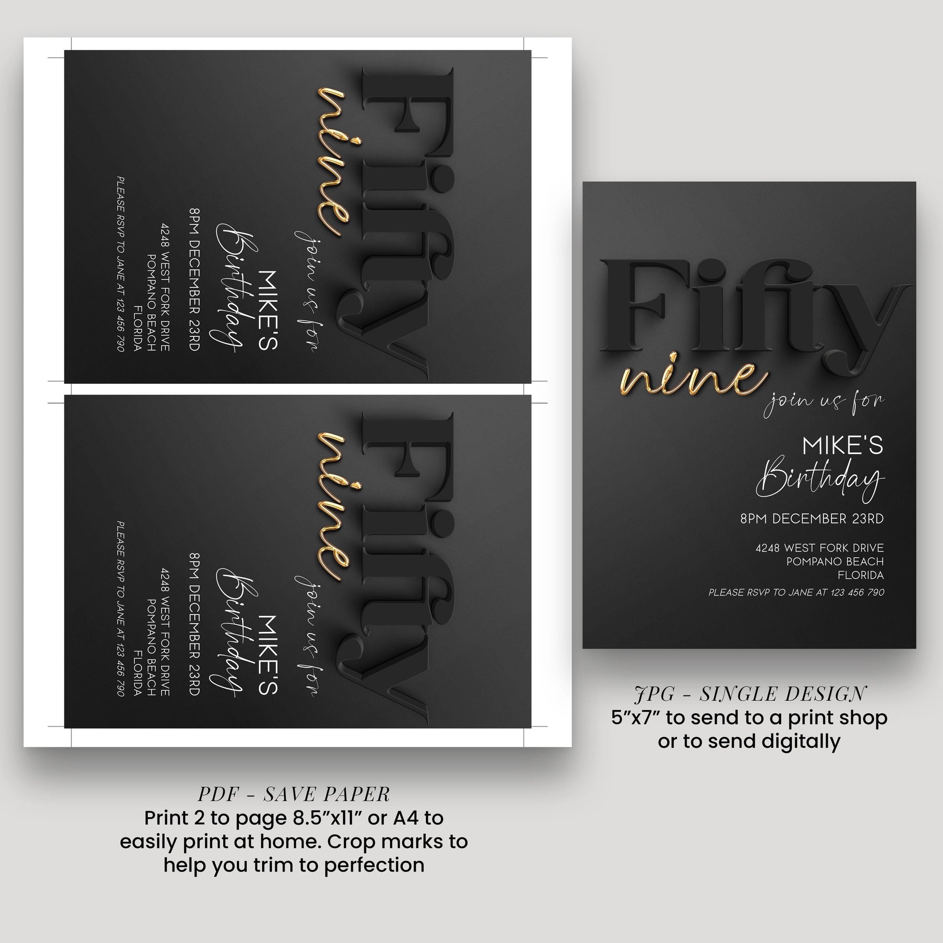 59th Birthday Invitation, Black and Gold Birthday Invite, Editable Corjl Template, Modern Adult Party Invitation, Digital Download BG78