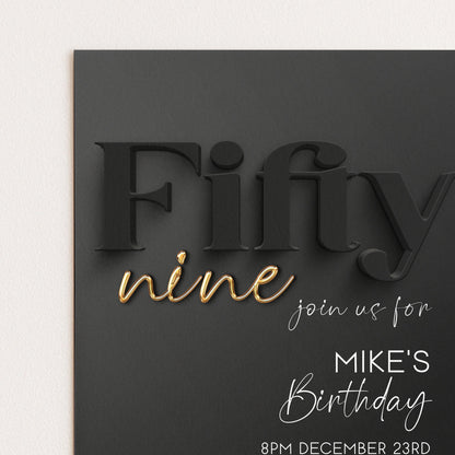 59th Birthday Invitation, Black and Gold Birthday Invite, Editable Corjl Template, Modern Adult Party Invitation, Digital Download BG78
