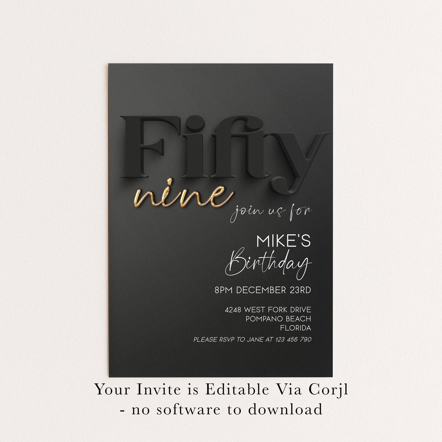 59th Birthday Invitation, Black and Gold Birthday Invite, Editable Corjl Template, Modern Adult Party Invitation, Digital Download BG78