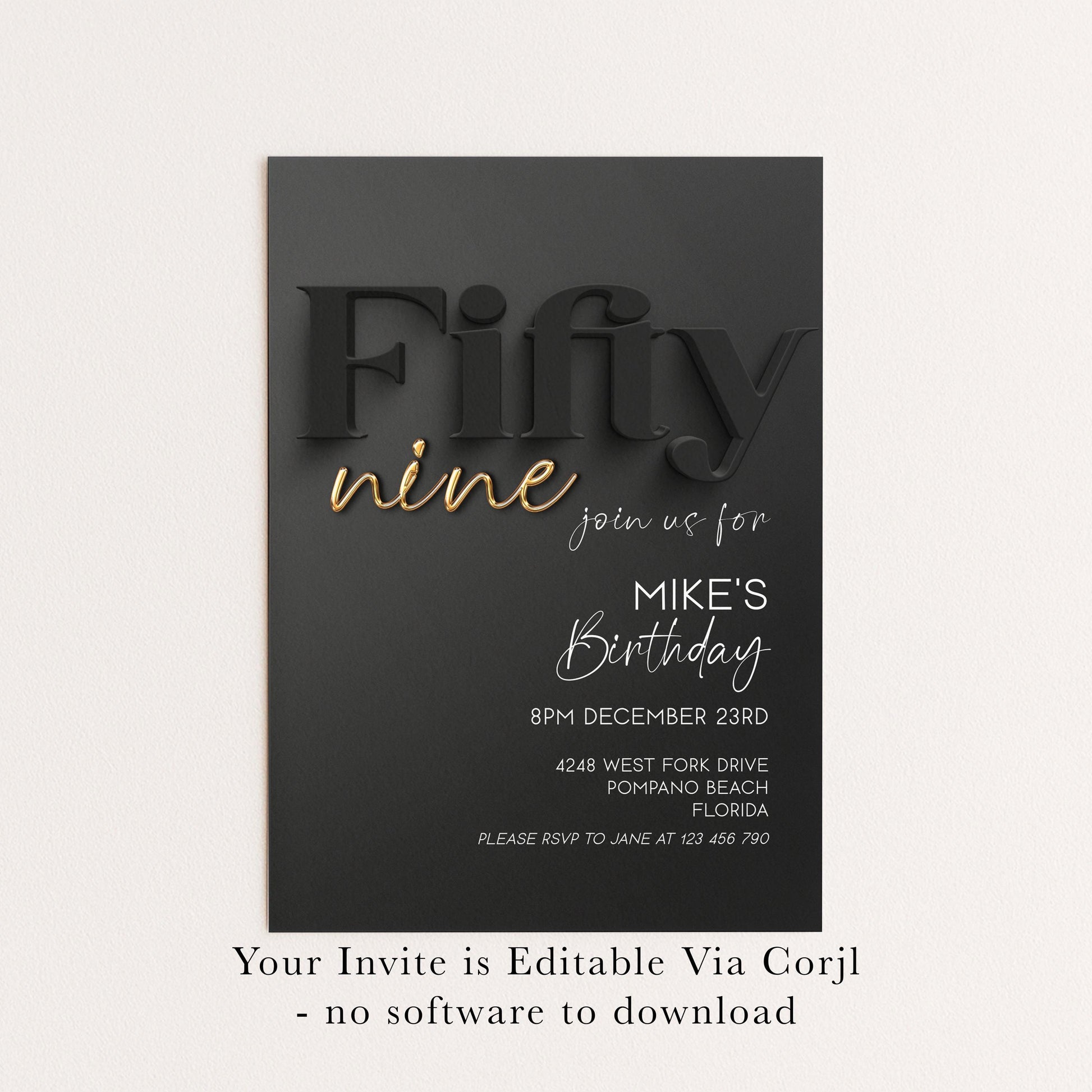 59th Birthday Invitation, Black and Gold Birthday Invite, Editable Corjl Template, Modern Adult Party Invitation, Digital Download BG78