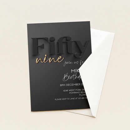 59th Birthday Invitation, Black and Gold Birthday Invite, Editable Corjl Template, Modern Adult Party Invitation, Digital Download BG78