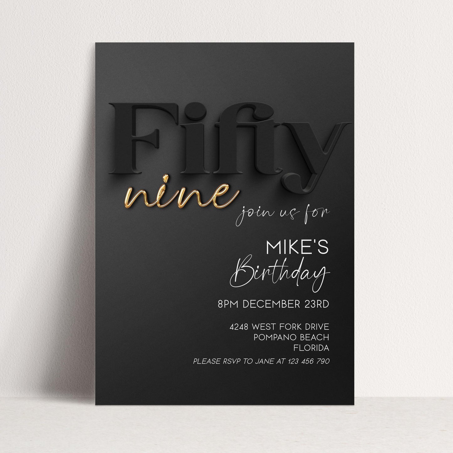 59th Birthday Invitation, Black and Gold Birthday Invite, Editable Corjl Template, Modern Adult Party Invitation, Digital Download BG78