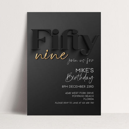 59th Birthday Invitation, Black and Gold Birthday Invite, Editable Corjl Template, Modern Adult Party Invitation, Digital Download BG78