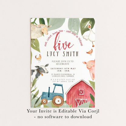 5th Birthday Invitation Farm Theme, Barnyard Animal Party Invite, Kids Farm Birthday, Tractor Party Editable Template FM56