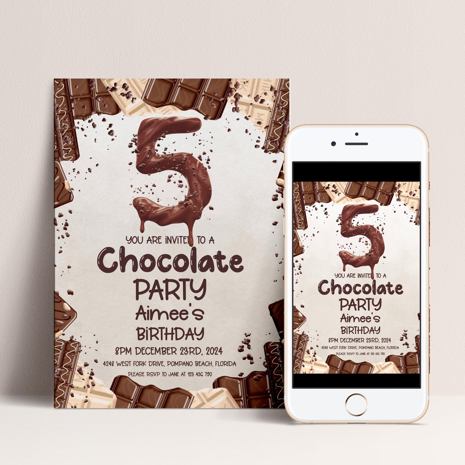 The image is a birthday party invitation for a child's 5th birthday. It features chocolate bars and the number 5, along with details about the party, including the date, time, location, and RSVP instructions.
