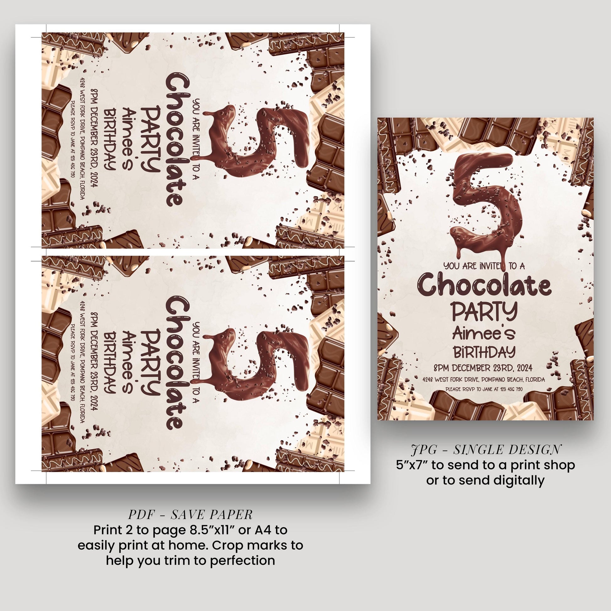 The image is a birthday party invitation for a 5-year-old named Aimee. It features chocolate and sprinkles as the main design elements, with the number 5 prominently displayed. The invitation includes details about the party, such as the date, time, and location, as well as instructions for sending a print or digital copy to a print shop or sending digitally.