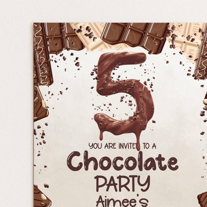The image is a birthday party invitation featuring a chocolate theme.