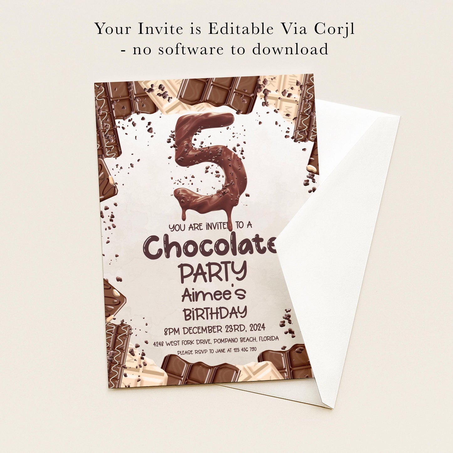 The image is a birthday party invitation for a 5-year-old named Aimee, featuring chocolate decorations and text.