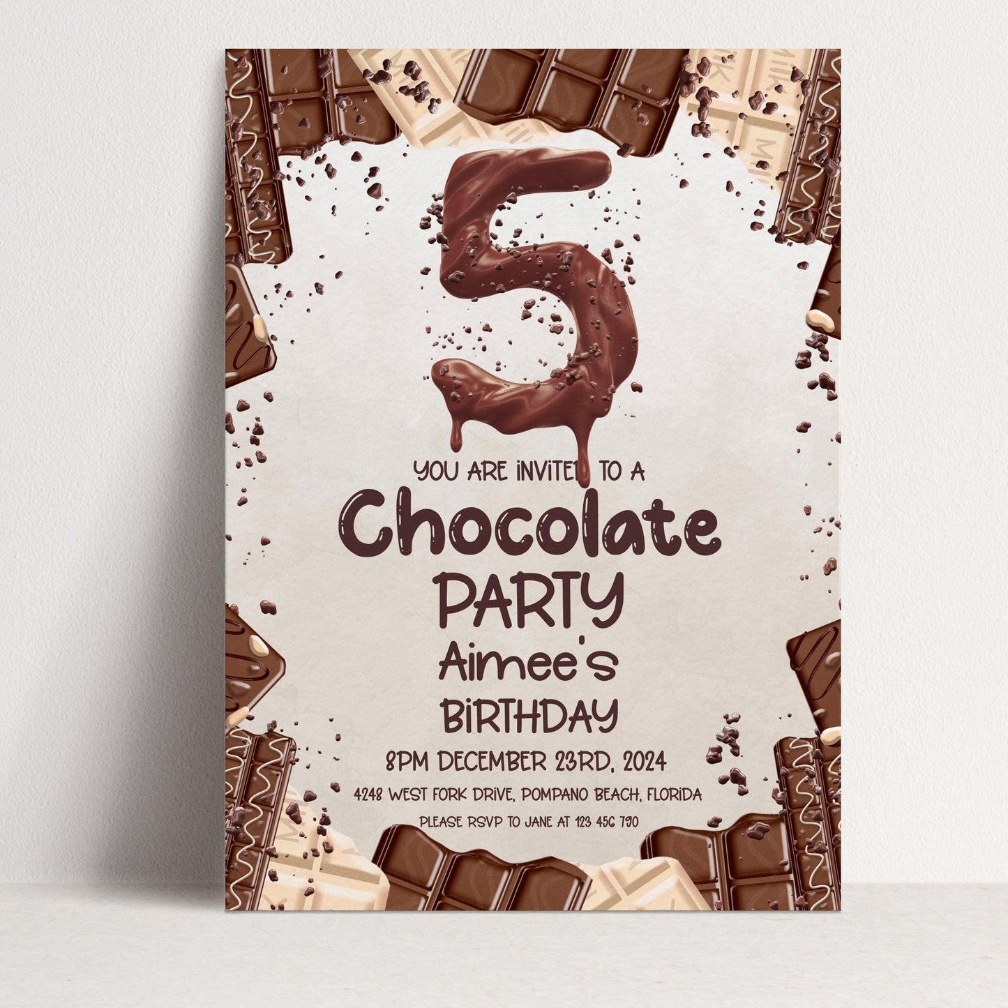 The image is a birthday party invitation for a chocolate-themed party.