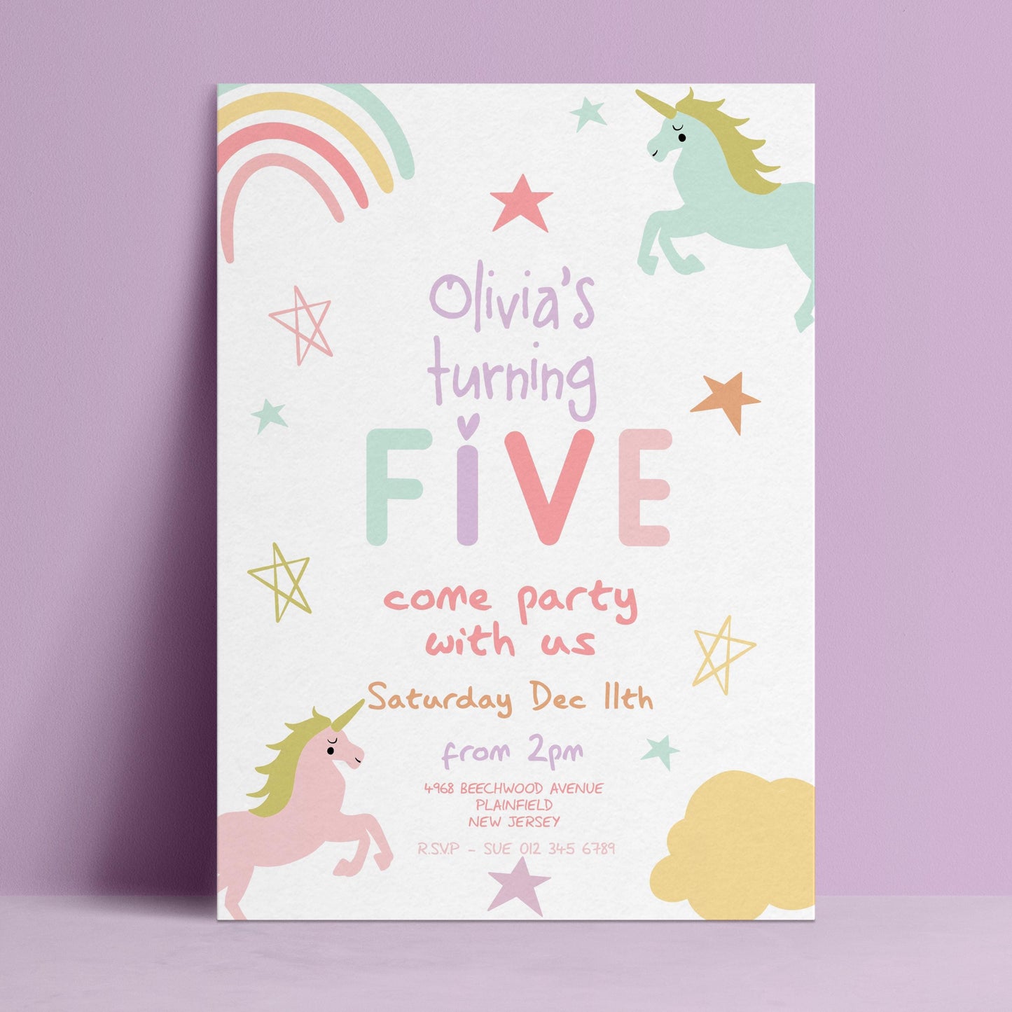 Editable 5th birthday invitation with pastel unicorns rainbow and stars on white background — digital download template via Corjl