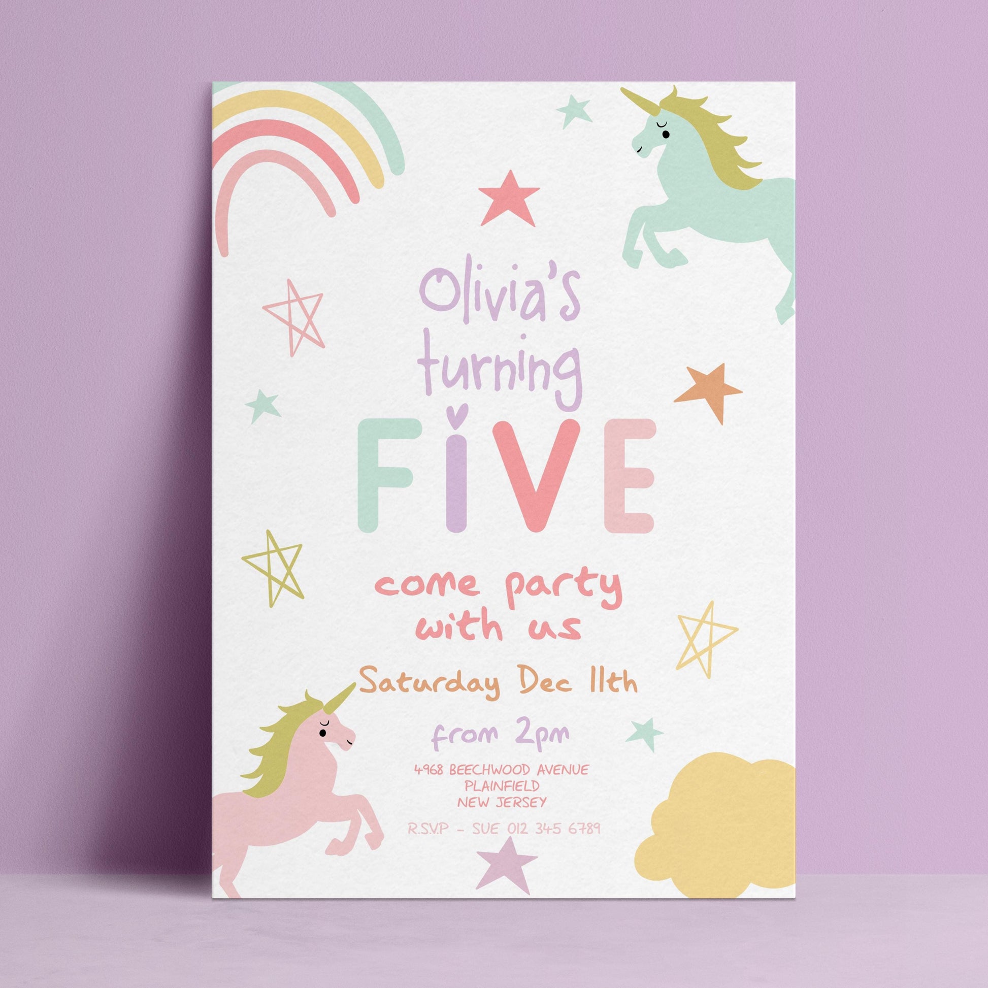 Editable 5th birthday invitation with pastel unicorns rainbow and stars on white background — digital download template via Corjl
