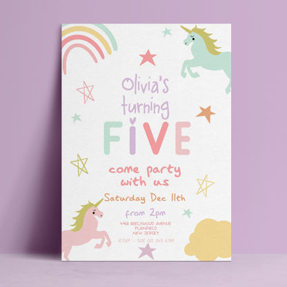 Editable 5th birthday invitation with pastel unicorns rainbow and stars on white background — digital download template via Corjl