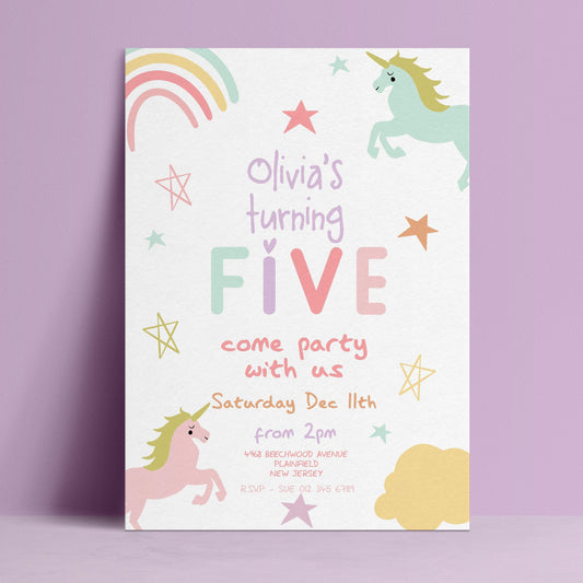 Editable 5th birthday invitation with pastel unicorns rainbow and stars on white background — digital download template via Corjl