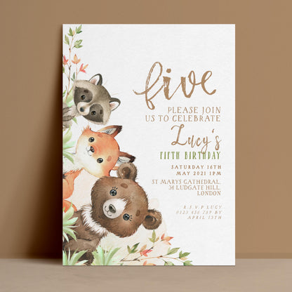 Editable 5th birthday invitation with watercolour woodland bear fox and raccoon stacked in greenery — digital download template via Corjl
