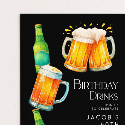 60th Birthday Drinks Invitation, Beer Birthday Party Invite for Him, Editable 60th Birthday Invitation, Adult Birthday Drinks Invite