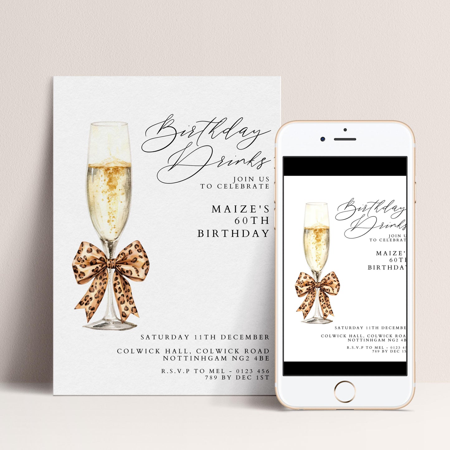 60th Birthday Drinks Invitation, Champagne Party Invite, Leopard Bow 60th Birthday Invite, Glam Birthday Drinks, Editable Corjl