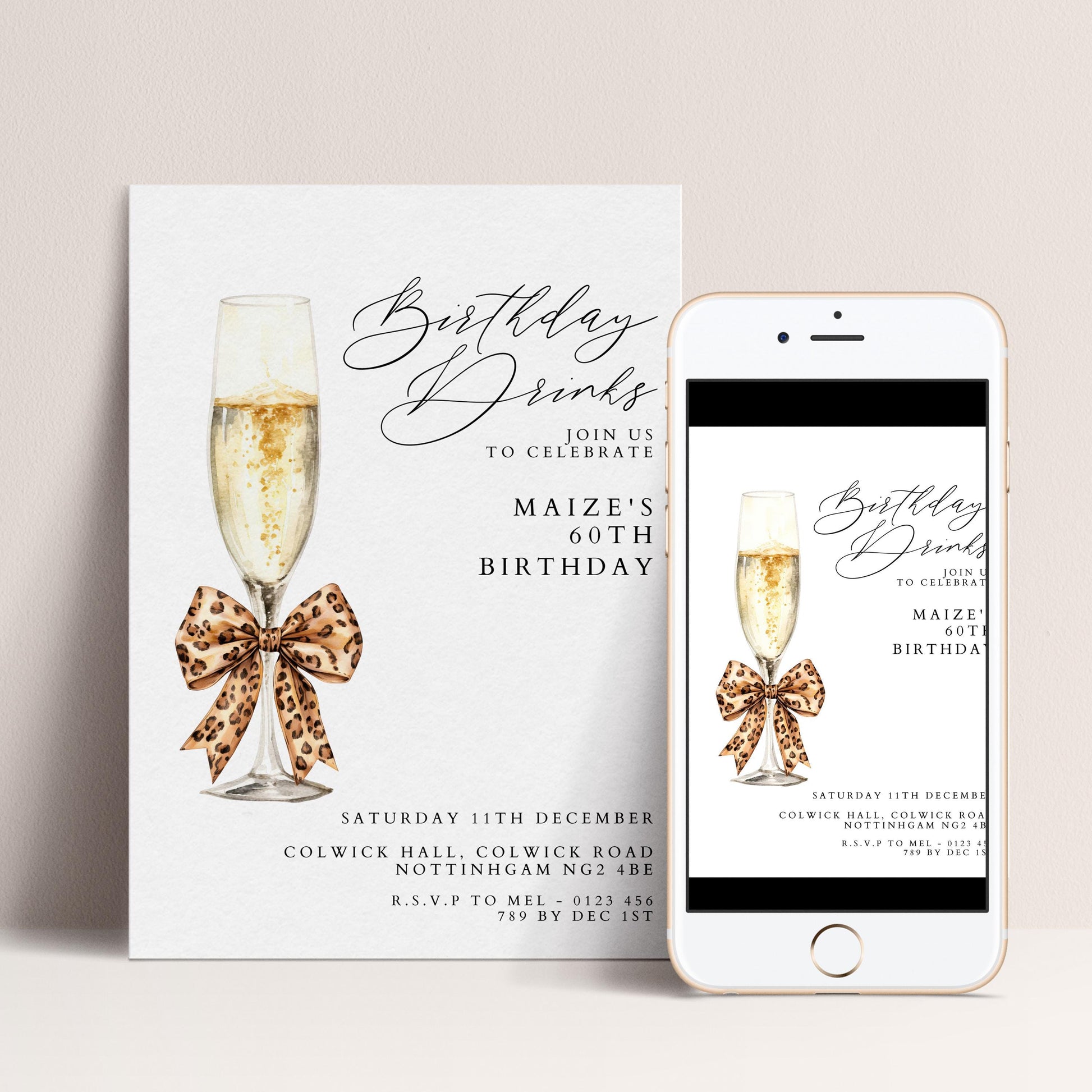 60th Birthday Drinks Invitation, Champagne Party Invite, Leopard Bow 60th Birthday Invite, Glam Birthday Drinks, Editable Corjl